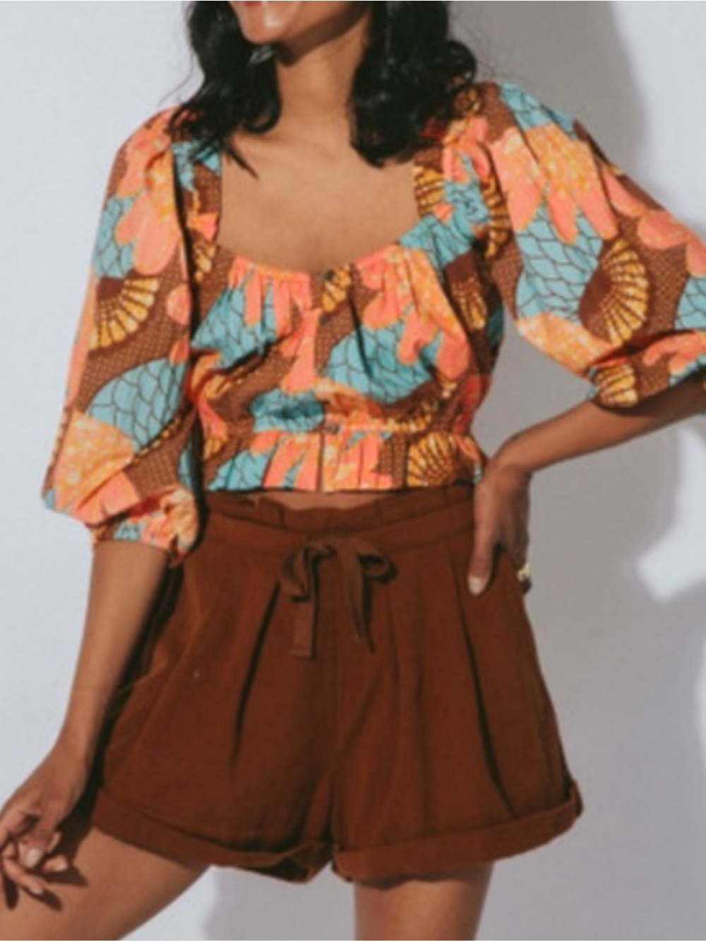 CLEOBELLA Faye Crop Top Puff Sleeve  Blouse Orange / Turquoise S $248